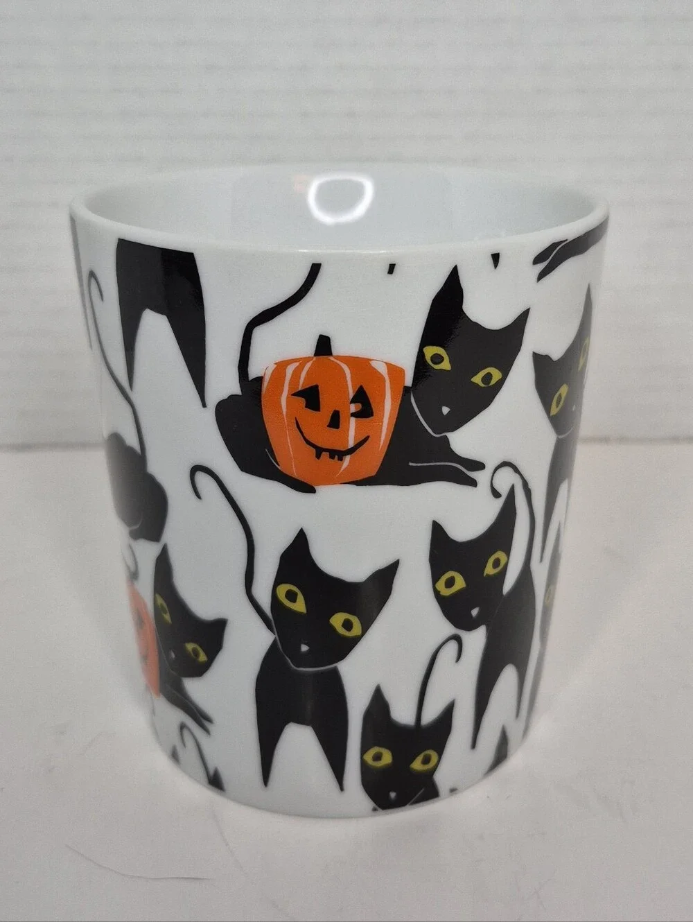 Crate and Barrel Black Cats with Pumpkins Mug READ